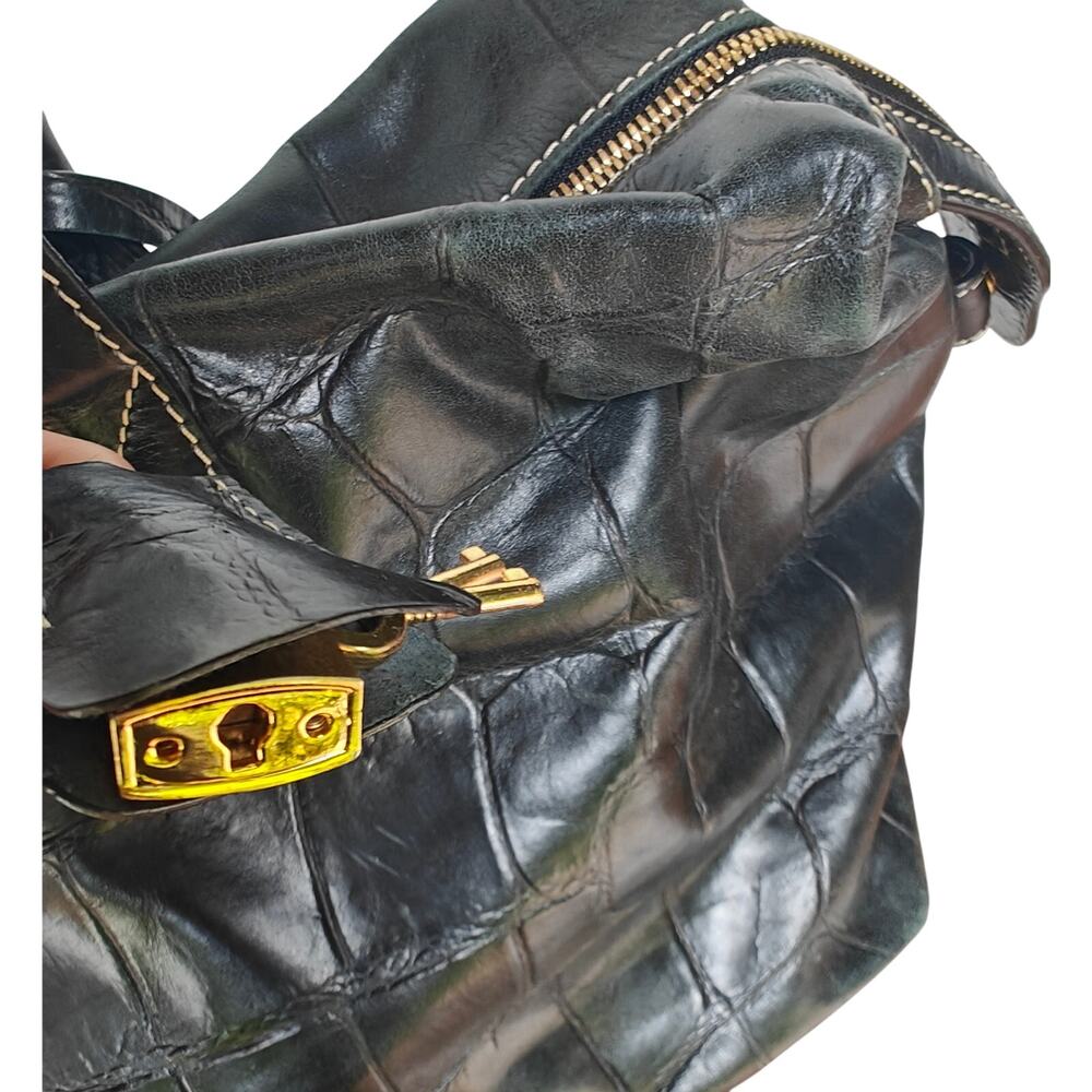 Dooney & Bourke Black Croc Embossed Medicine Bag Leather Satchel Red Lining - Picture 2 of 7